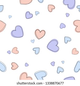 Soft, pastel pink and purple background with hearts. Vector seamless pattern with hearts. Cute sweet love baby background. Colorful design for textile, wallpaper, fabric, decor.