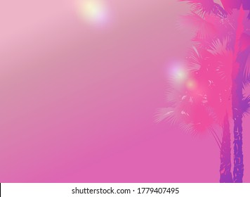 Soft pastel pink summer sunny sky and palm trees with Light leaks and flares effects, alone and solitary vibes illustration