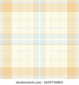 Soft pastel plaid pattern in creamy beige, light blue, and pale orange hues.  Ideal for textile design, baby products, branding, or website backgrounds.  Evokes feelings of serenity and gentle warmth.