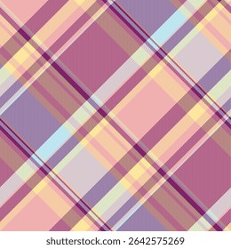Soft pastel plaid pattern.  Elegant diagonal lines in muted purples, pinks, and yellows create a sophisticated and versatile design. Perfect for fashion, textile, or website backgrounds.
