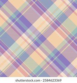 Soft pastel plaid pattern. Seamless diagonal check texture in muted purple, peach, and mint green hues. Ideal for textile design, apparel, stationery, or website backgrounds.