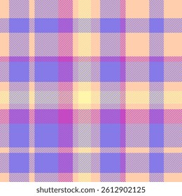 Soft pastel plaid pattern. Textile design with intersecting lines in purple, pink, and yellow hues. Use for backgrounds, apparel, or graphic design.