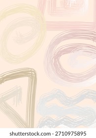 Weiche Pastellkritzelformen auf cremefarbenem Hintergrund. Handgezeichnete Striche erzeugen ein ruhiges abstraktes Layout. Geeignet für Schreibwaren, Hintergründe und minimalistische Dekoration.
