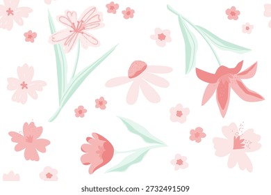 Patrón floral sin fisuras pastel suave, lindas flores dibujadas a mano y hojas sobre fondo claro. Diseño suave del vivero perfecto para la tela del bebé, Fondo de pantalla de los niños, papel de embalaje, papelería, decoración de los niños