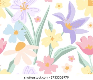 Soft pastel seamless floral pattern featuring cute hand-drawn wildflowers on white background. Delicate nursery design for baby fabric, kids wallpaper, wrapping paper, stationery, children's decor.