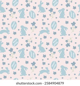 Soft pastel seamless pattern featuring bunnies and flowers in a floral design suitable for spring themes and Easter celebrations