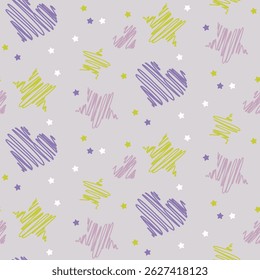 Weich pastellfarbenes, nahtloses Muster mit handgezeichneten Herzen und Sternen in violetten, gelben und lavendelfarbenen Tönen für Textilien und digitale Projekte.