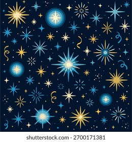 Soft pastel seamless vector patterns of stylized fireworks, dots and ribbons. Modern tileable SVGs, print-ready and stock-compliant.