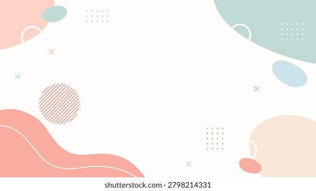 Soft pastel shapes float gently on a clean, minimalist canvas. Curved forms and delicate patterns create a soothing visual rhythm. Pink, peach, and mint tones blend harmoniously, evoking calm