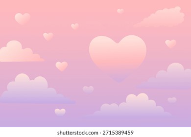 Suave cielo pastel con brillantes Formas de corazón a la deriva entre suaves nubes en una atmósfera romántica de ensueño