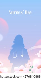 Soft pastel sky glows behind a nurse's silhouette. Stethoscope hangs gently from her neck. Flowers bloom softly at her feet. Stars twinkle in the gentle twilight