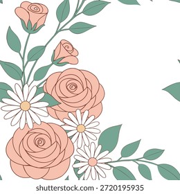 Flores molas pastel macias padrão sem costura com rosas e margaridas para um conceito delicado de decoração de casa como rosas e margaridas suaves em tons pastel macio perfeitamente arranjado para interiores de primavera elegantes e delicados no Conceito de Stock de Foto e espaço vazio no lado esquerdo, sem texto —ar 7:2 —azulejo
