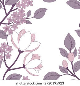 Molho pastel mola jardim padrão sem emenda com lilases e magnólias para pacífico casa jardins conceito como Lilás e magnólias suaves em tons pastel macio arranjado perfeitamente para uma decoração tranquila primavera jardim no Photo Stock Concept e espaço vazio no lado esquerdo, sem texto —ar 7:2 —azulejo
