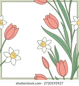 Patrón suave de baldosas de primavera pastel sin fisuras con Pequeños narcisos y tulipanes para el concepto de decoración alegre como narcisos de primavera alegres y tulipanes dispuestos en tonos pastel suaves para crear una atmósfera de primavera brillante y edificante en Foto de archivo Concepto y espacio vacío en el lado izquierdo, sin texto --ar 7:2 --tile
