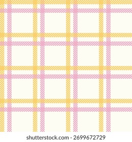 Un suave patrón de tartán pastel en tonos rosa candyfloss y mostaza de miel sobre un fondo crema. Perfecto para los productos de los niños, embalaje, papelería, textiles, diseños de primavera, y marca linda.