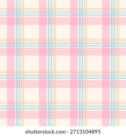 Patrón de cuadros de tartán pastel suave en tonos rosa, crema y azul claro, adecuado para textiles, diseños de primavera, papel de regalo y lindos temas decorativos.