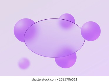 Layout de vetor pastel macio em estilo futurista com esferas violeta brilhante ao redor de um painel oval transparente em gradiente de luz.