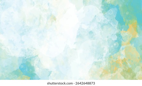 Soft pastel watercolor background with blue green and yellow shades creating a delicate and serene texture. The image features subtle splashes and blobs of color.