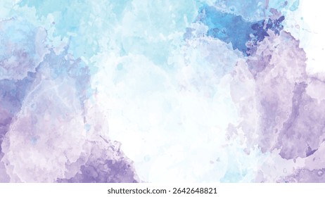 Soft pastel watercolor washes in shades of purple lavender blue and white create a dreamy abstract background texture with delicate color splashes