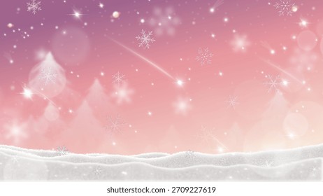 Un suave fondo de invierno pastel con un cielo rosado de ensueño, brillantes copos de nieve y suaves luces bokeh esparcidas por la escena. 