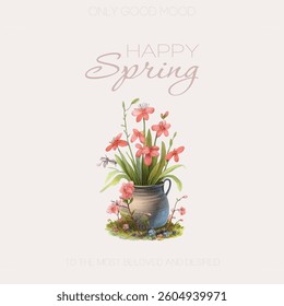 Soft pastel wreath of spring flowers with handwritten "Happy Spring" text.