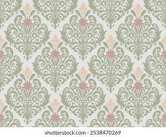 Soft pastel-colored damask pattern with floral and ornamental elements on a light background. Damask seamless pattern.