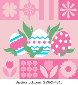 A soft pastel-colored Easter vector illustration with a patchwork of rabbits, flowers, geometric shapes, and decorative elements. Ideal for minimalist holiday designs.