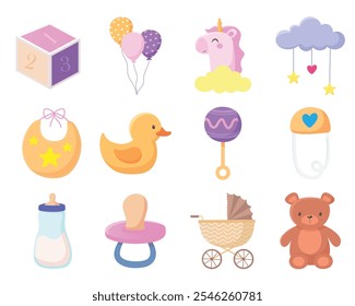 A soft pastel-colored set of baby-themed icons featuring pacifiers, rattles, toys, and balloons, designed in a charming and playful cartoon style.