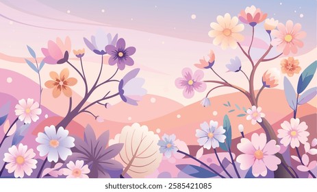 A soft, pastel-colored vector background with watercolor-style flowers, including cherry blossoms, daisies, and lavender, arranged in a dreamy composition