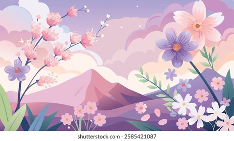 A soft, pastel-colored vector background with watercolor-style flowers, including cherry blossoms, daisies, and lavender, arranged in a dreamy composition