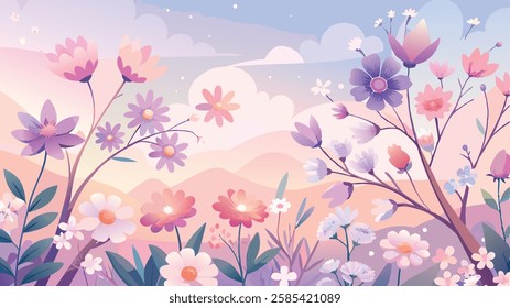 A soft, pastel-colored vector background with watercolor-style flowers, including cherry blossoms, daisies, and lavender, arranged in a dreamy composition