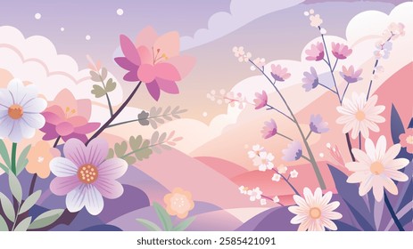 A soft, pastel-colored vector background with watercolor-style flowers, including cherry blossoms, daisies, and lavender, arranged in a dreamy composition