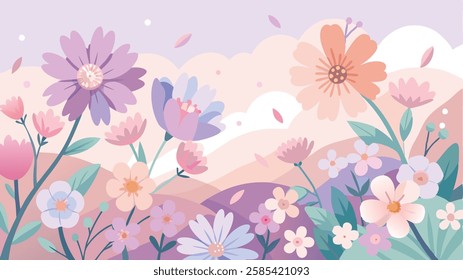 A soft, pastel-colored vector background with watercolor-style flowers, including cherry blossoms, daisies, and lavender, arranged in a dreamy composition