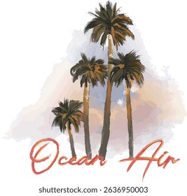 Soft pastel-style illustration of palm trees with a sunset sky and the phrase ‘Ocean Air’ in elegant script. Ideal for coastal-themed prints, summer apparel, and tropical decor.