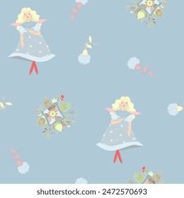 Soft pattern with dolls and flowers, tender gray color and drawing for children.