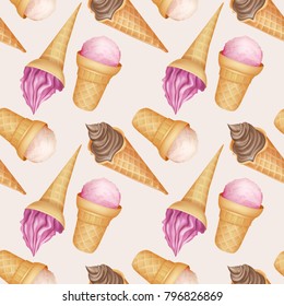 Soft pattern with realistic vector ice-cream. Fresh summer dessert. 