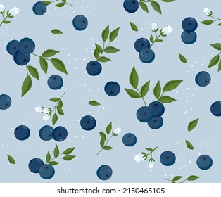 fondo suave con estampado de arándano, flor, conjunto de ilustración de hoja. patrón de frutas, fondo de flores, tela, textil. Dibujo de vectores. Estilo dibujado a mano.