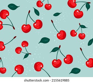 soft patterned background with cherry fruit, leaf illustration set. fruit pattern, backdrop, fabric, textile. Vector drawing. Hand drawn style.