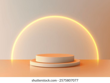 A soft peach colored 3D podium with a glowing neon arch, ideal for elegant product showcases or modern presentation designs. Circular, minimal, and perfect for trendy display setups