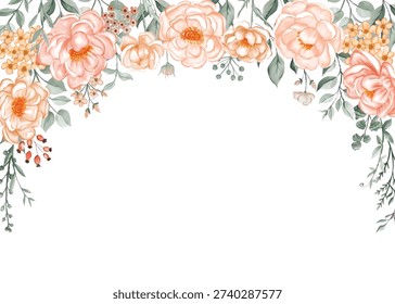 Soft Peach Floral Arch Frame Design. Elegant Botanical Border Template for Wedding Invitations, Greeting Cards and Event Stationery Projects