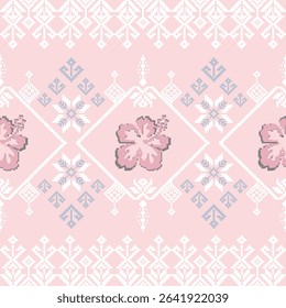 Soft Peach Thai Pixel Seamless Pattern. Minimal Ethnic Fabric Design. inspired by traditional Thai weaving in a soft peach tone. Ideal for modern textiles, pastel home decor, feminine ethnic designs.