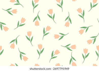 Tulipa de pêssego macio padrão sem costura com folhas verdes em um fundo de creme. Perfeito para tecido, papel de parede, papelaria e projetos de design floral de primavera elegante.