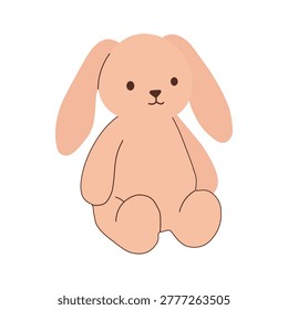 A soft peach-pink plush bunny rabbit shown in a seated position with long floppy ears and a simple stitched face. The toy features a rounded body and large paws, isolated on a white background. This image is suitable for newborn baby themes, nursery decor, and children's gift catalogs.