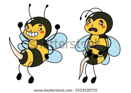 Soft penis, sluggish erection, premature ejaculation. Cartoon bee character. Erectile dysfunction. Sexual disorder.Impotence erection. Stock vector illustration isolated on white background.