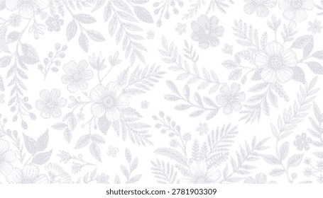 Soft Periwinkle Blue Halftone Wild Floral Botanical Seamless Pattern on White Background Vector Design