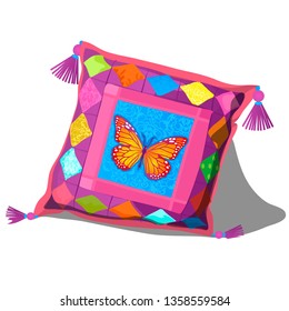 Soft pillow with tassels and a picture of a butterfly isolated on white background. Vector cartoon close-up illustration.
