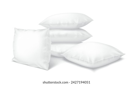 Soft pillows pile realistic vector illustration. Cushions for bed and couch 3d models on white background. Home decor bedding items