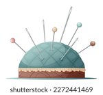 Soft pincushion for storing pins and needles on an isolated background. Pin cushion. Sewing tool. Vector illustration.