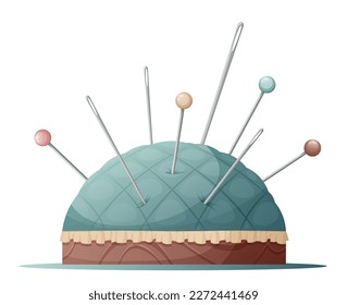 Soft pincushion for storing pins and needles on an isolated background. Pin cushion. Sewing tool. Vector illustration.