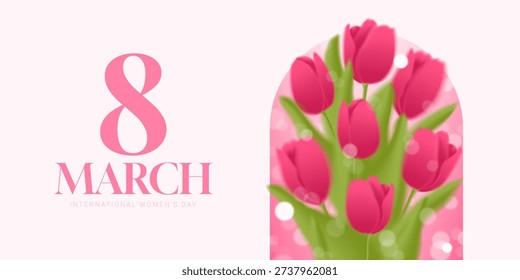 Soft pink 8 March banner. Vector illustration with bokeh effect and blurred pink tulips on pink background. Perfect for International Women's Day greetings, cards, invitations, covers, ads.